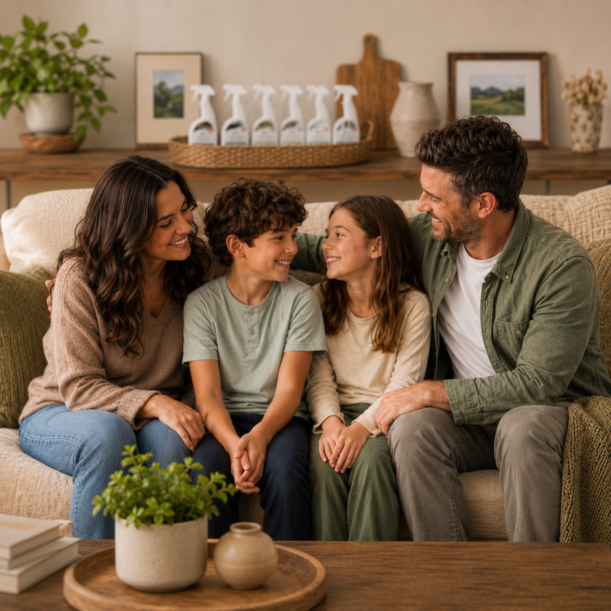 Family of four sitting together on a couch in a cozy living room.