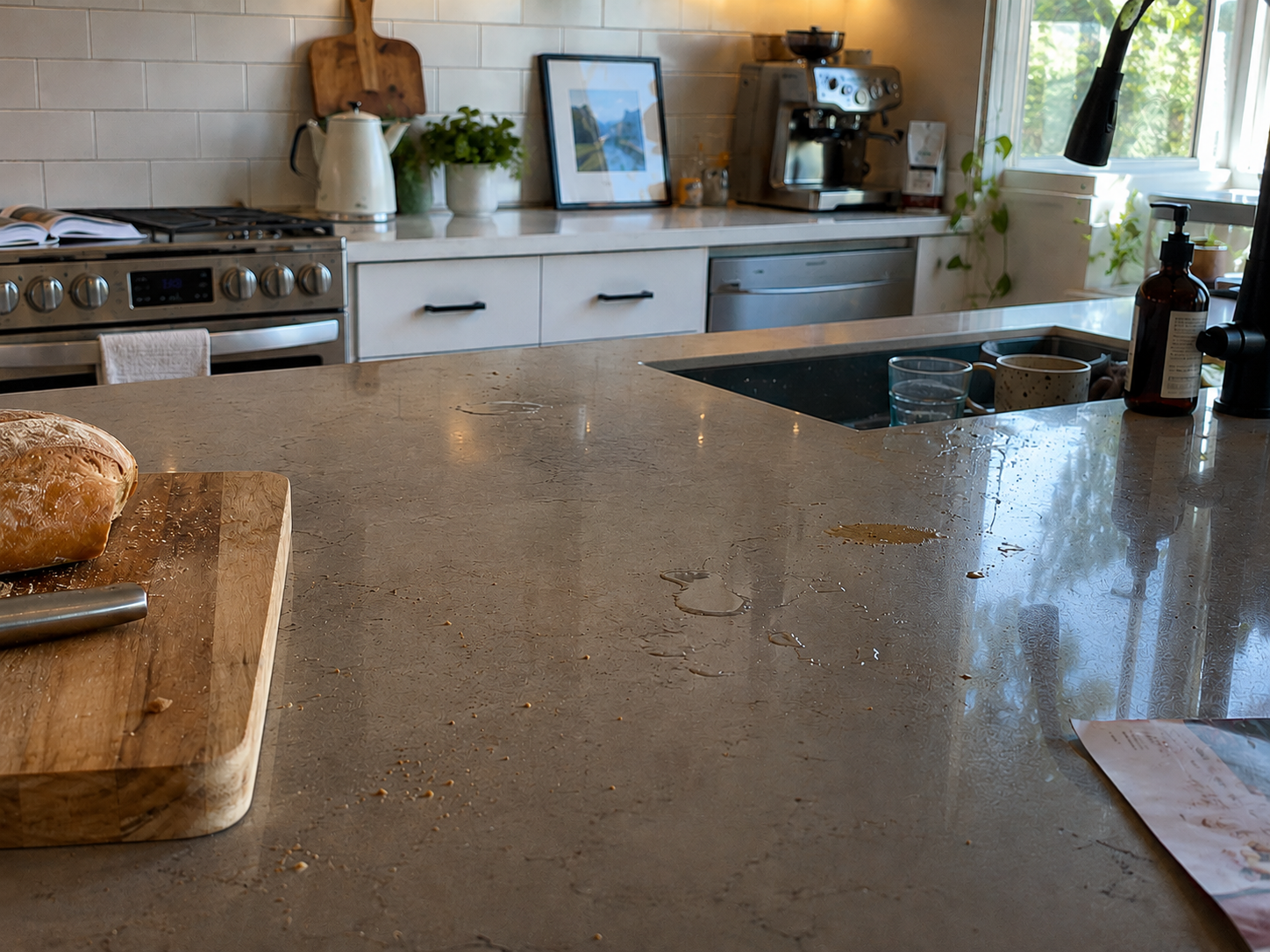 Kitchen counter with a cutting board, bread, and various kitchen items.